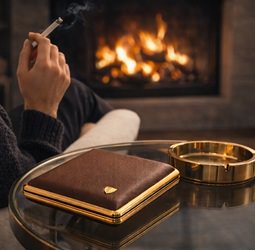 læder cigaret etui i hånd med cigaretter King Size